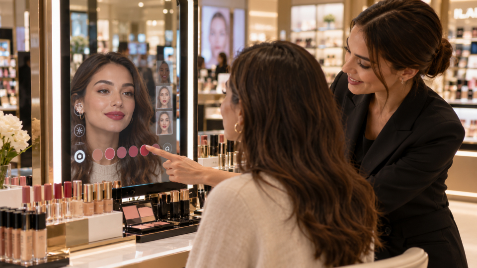 AR beauty mirror for virtual makeup try-on in-store